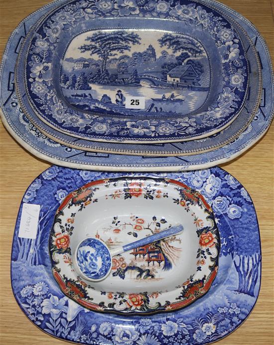 Five various Staffordshire blue and white Willow pattern meat dishes and another